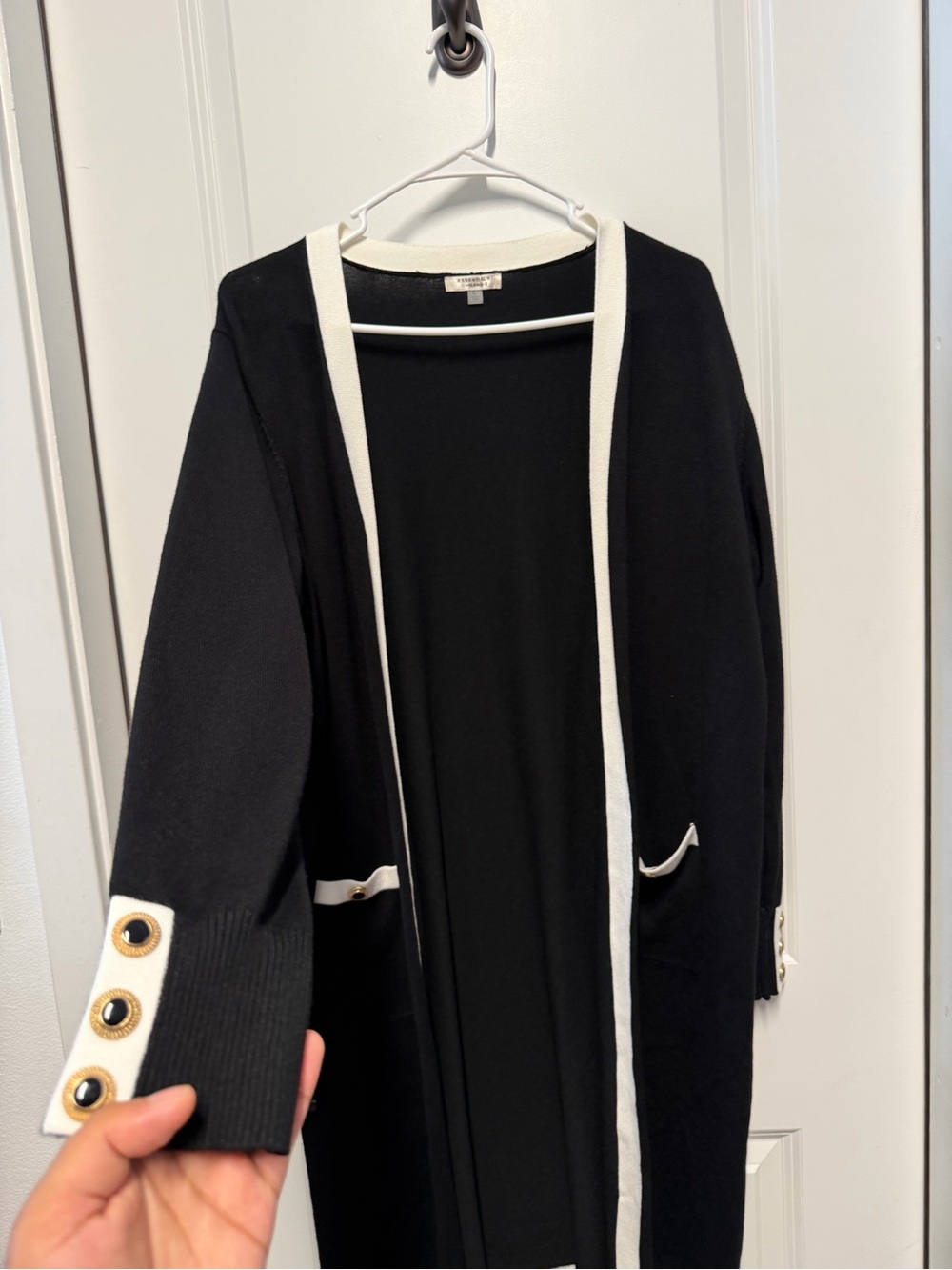 Essentials Milano Long Open Front Cardigan Sweater Black White Size L Modest - Picture 3 of 7